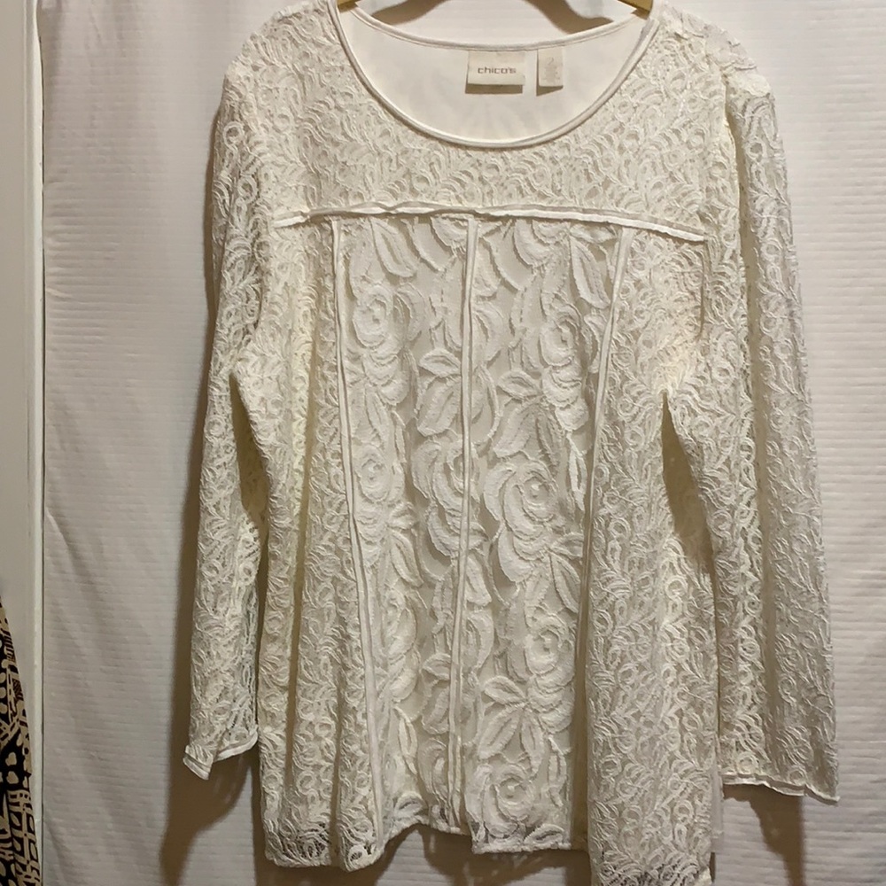 CHICOS WHITE LACE OVER POPOVER TOP SZ 2vanity